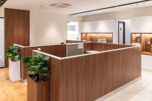 Bureau moderne avec cloisons en bois, plantes, meubles et éclairage